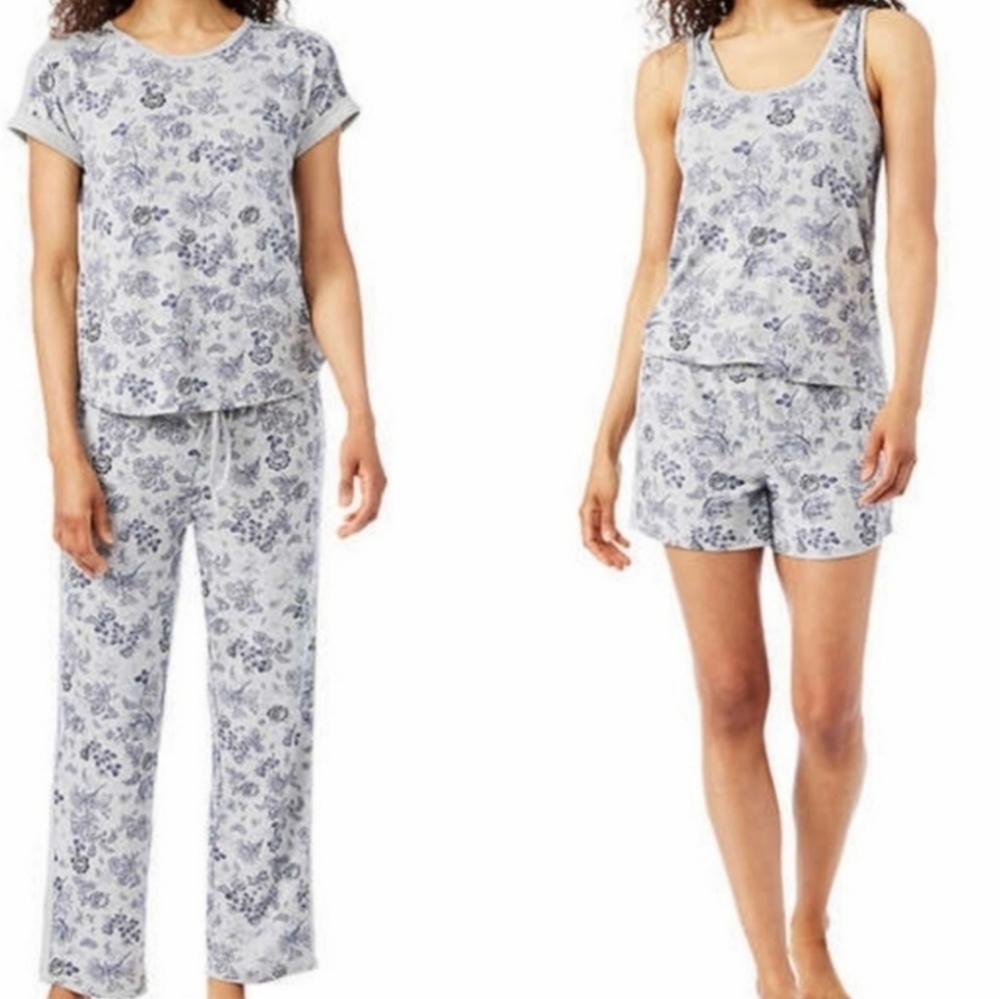 Lucky Brand Mini Denim Floral 4 Piece Pajama Set Blue Grey XXL